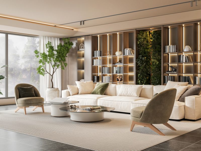 The images showcase an elegantly designed and spacious modern living room that exudes comfort and style. 3D render