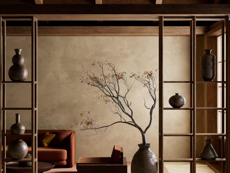 Living room embodies Japanese minimalism through natural textures, warm wood tones, and handcrafted ceramics. A sculptural tree adds a poetic touch, evoking serenity and timeless elegance. 3D illustration